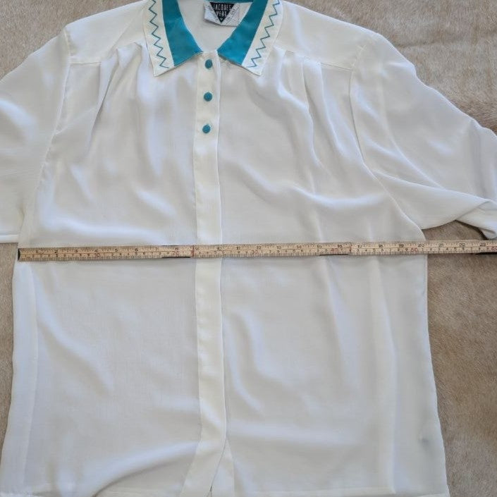 Vintage 1980s Jacques Vert White and Turquoise Button Down Shirt Size XL