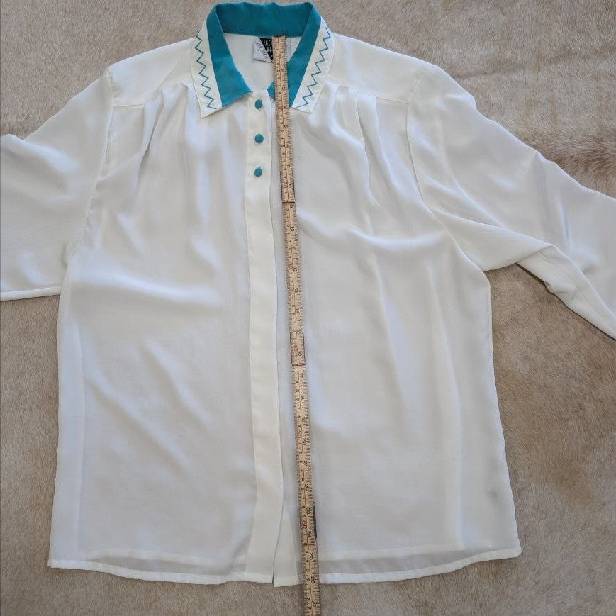 Vintage 1980s Jacques Vert White and Turquoise Button Down Shirt Size XL