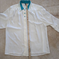 Vintage 1980s Jacques Vert White and Turquoise Button Down Shirt Size XL