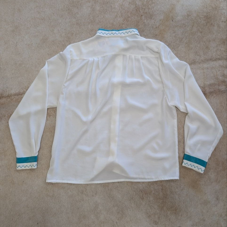 Vintage 1980s Jacques Vert White and Turquoise Button Down Shirt Size XL