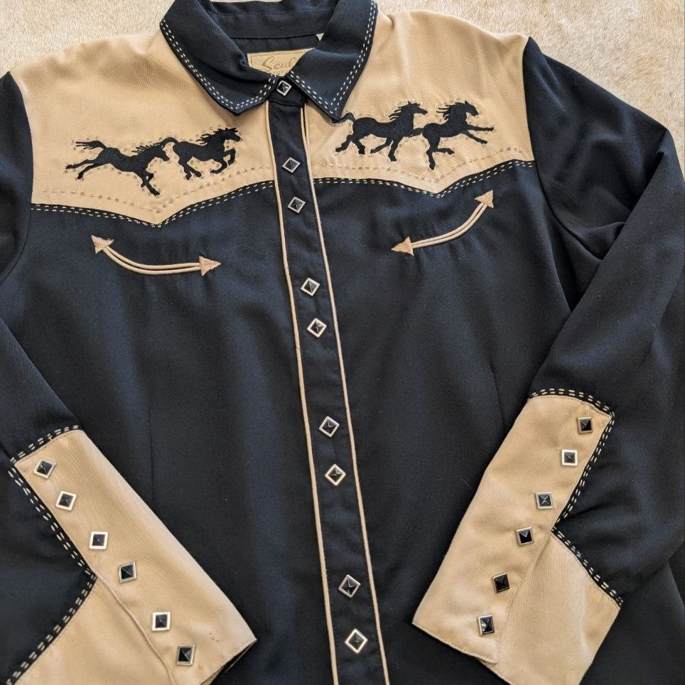 Scully Black and Tan Snap Button Horse Print Shirt Size XXL