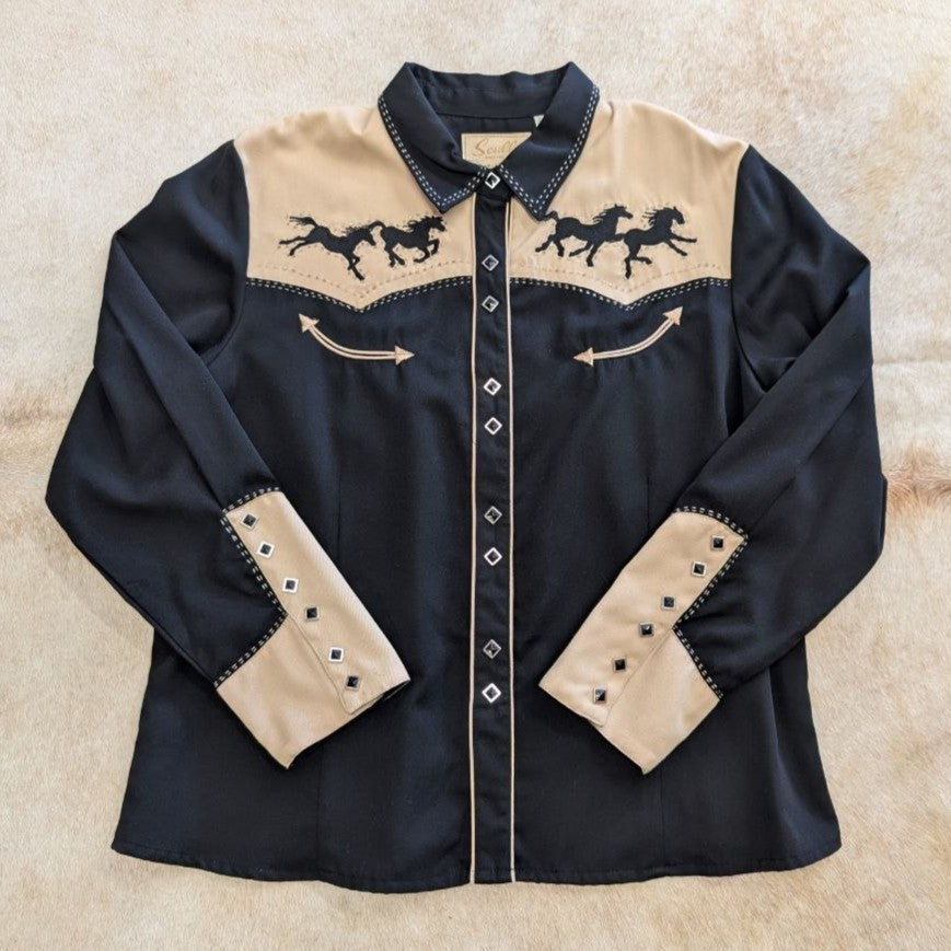 Scully Black and Tan Snap Button Horse Print Shirt Size XXL